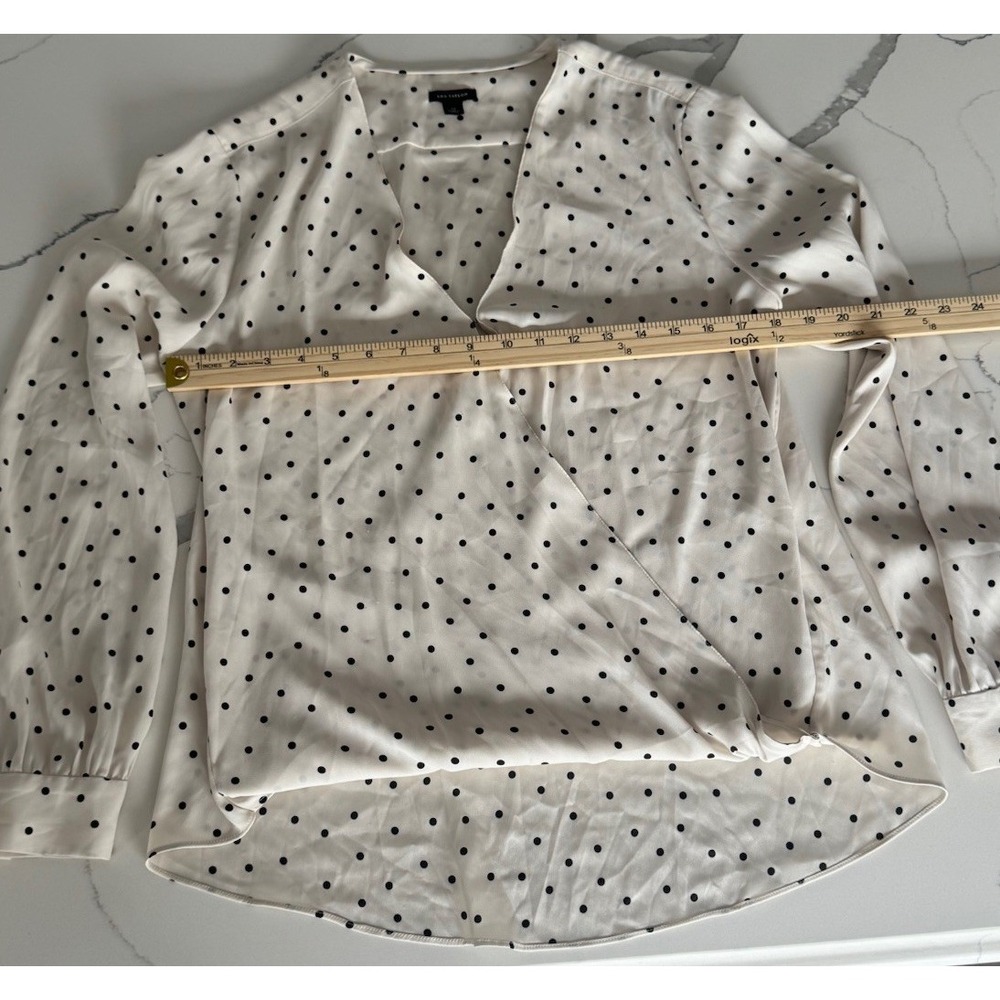 Ann Taylor Polka Dot Wrap Blouse Cream Black Long Sleeve V-Neck Medium - Picture 4 of 6